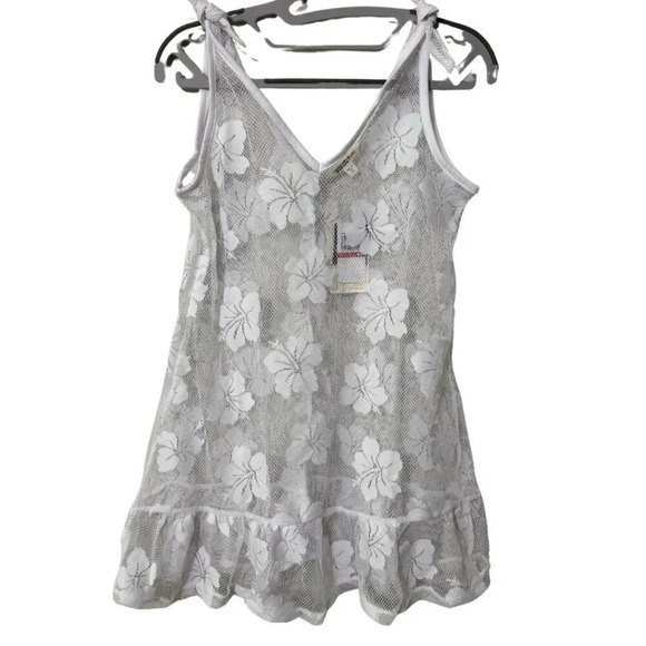 MIKEN SWIM Mesh Lace Ruffle Crochet White Swim Tank Dress Coverup NWT XS - Picture 1 of 5